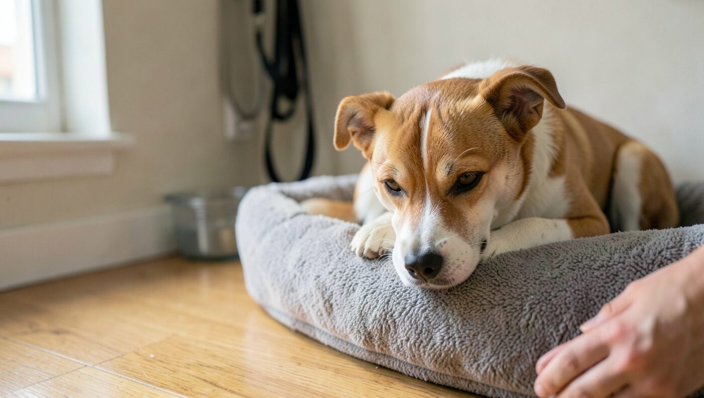 Un chien adulte croisé au pelage fauve et blanc se repose sur un coussin gris dans un coin calme d'un salon lumineux, sous le regard attentif mais prudent, tandis qu'une main posée au sol à proximité lui laisse de l'espace.