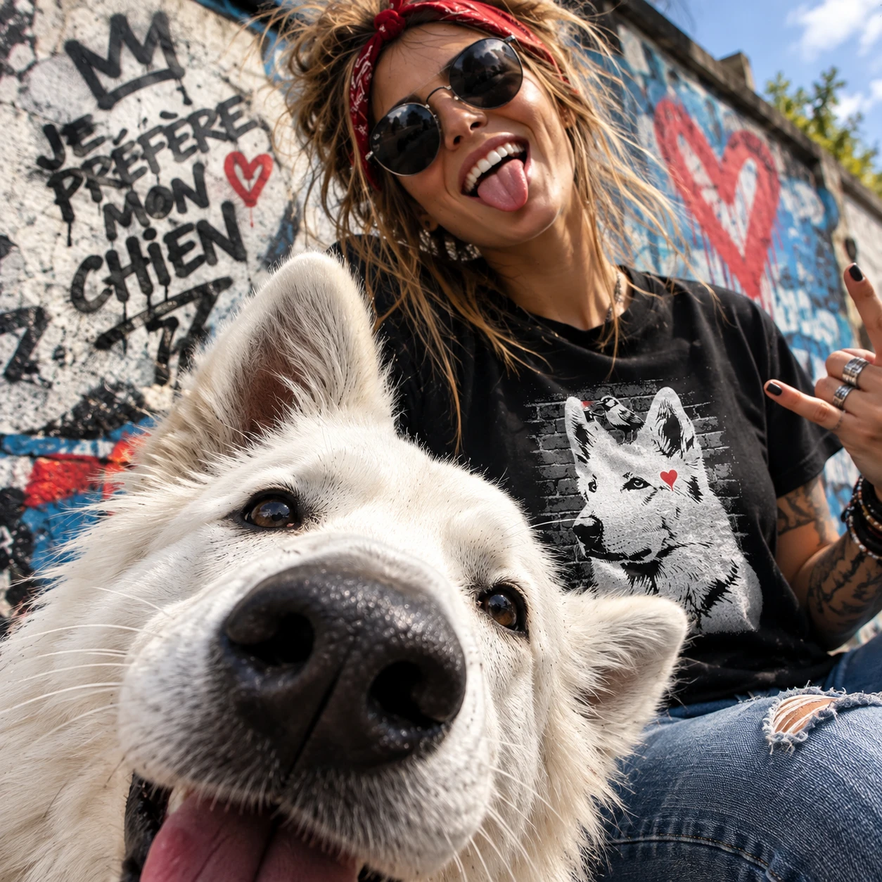 Berger Blanc Suisse et son humain en t-shirt Amour Chien