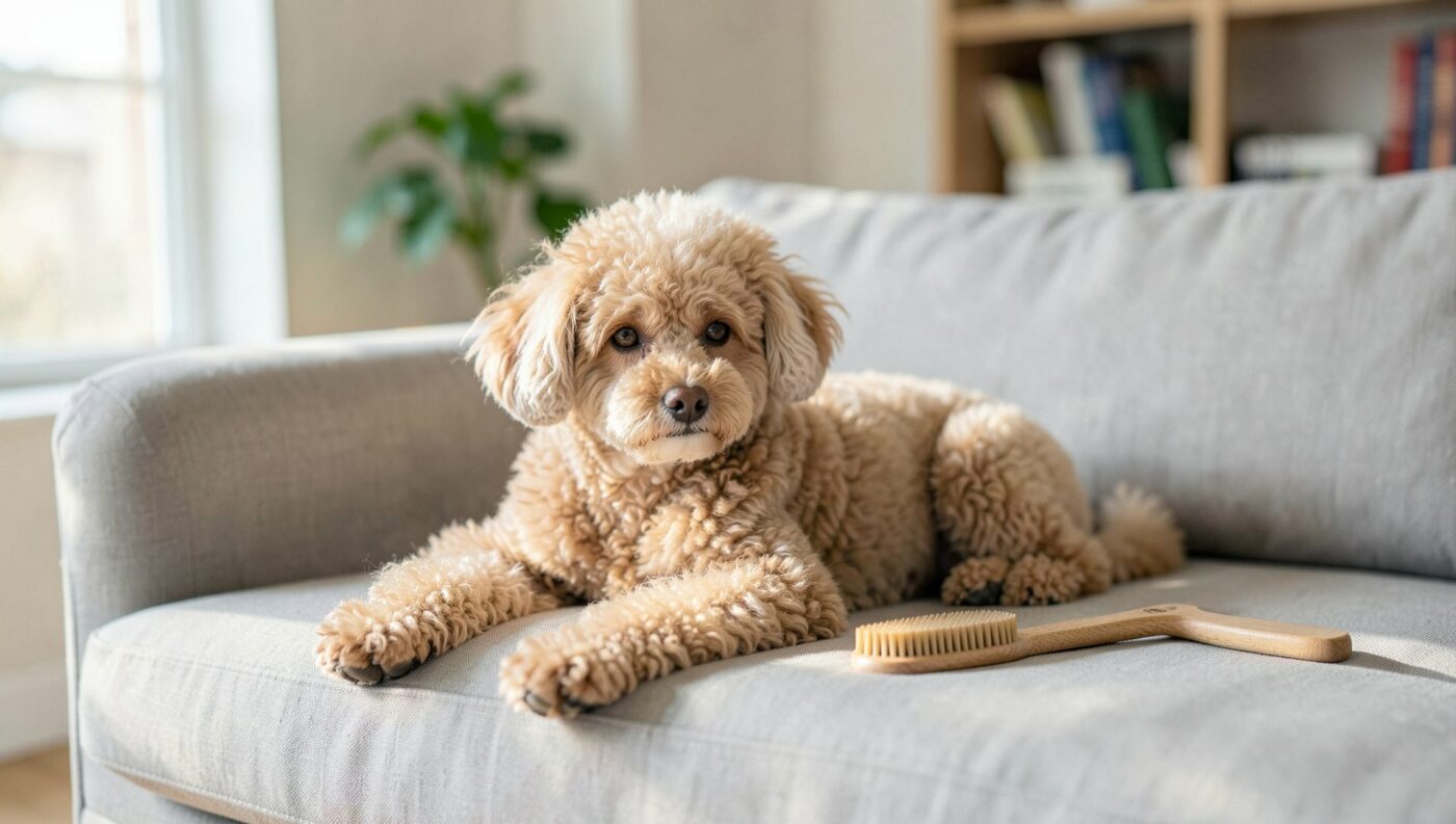 Un Caniche abricot au poil bouclé et soigné, allongé calmement sur un canapé clair et propre, avec une brosse posée à côté de lui.