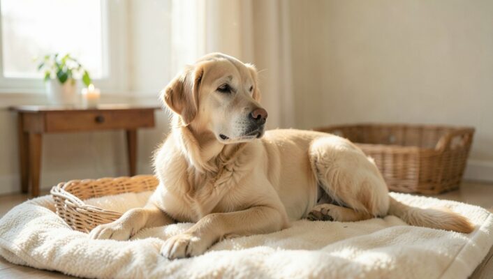 Un chien adulte au museau légèrement grisonnant, allongé calmement sur une couverture claire à côté d'un panier en osier vide, dans un salon lumineux éclairé par la lumière d'une fenêtre.