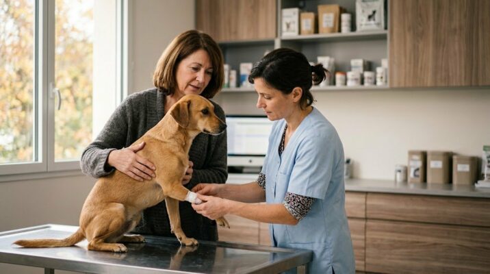 Dans un cabinet vétérinaire lumineux, une femme rassure son chien au pelage fauve, assis sur la table d'examen, pendant qu'une vétérinaire contrôle un petit pansement blanc à sa patte avant.