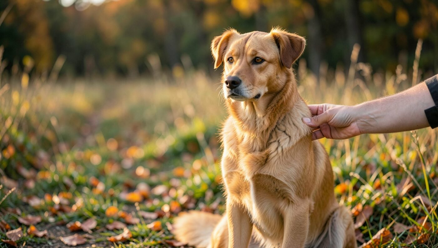 Un chien adulte au pelage fauve, calme et détendu, assis sur un chemin de campagne à l'automne pendant qu'une main lui écarte doucement le poil de l'épaule pour un contrôle de routine.