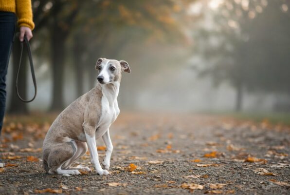 Un lévrier whippet au poil ras fauve et blanc, assis un peu tassé sur un chemin de parc couvert de feuilles d'automne, lève un regard hésitant vers son maître dont on aperçoit seulement la main tenant la laisse.