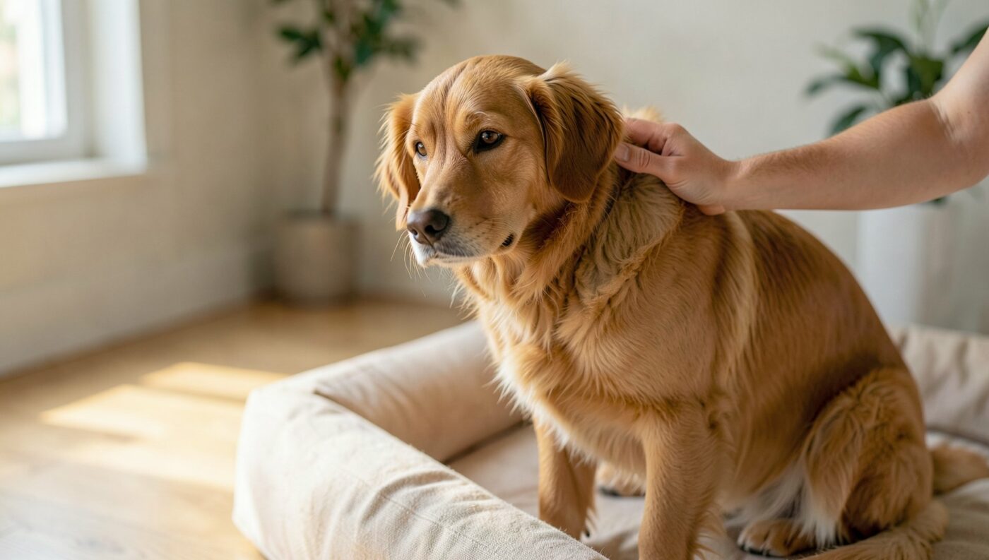 Un chien adulte au pelage doré, assis calmement près de son panier propre dans un salon lumineux, pendant qu'une main lui soulève délicatement l'oreille pour la vérifier.