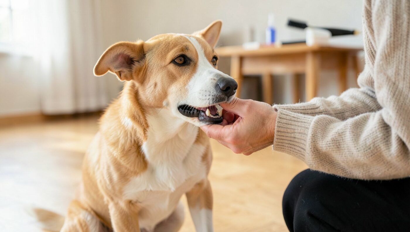 Un propriétaire soulève doucement la babine de son chien détendu pour vérifier l'état de ses dents et de ses gencives, dans un salon lumineux.
