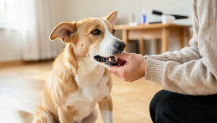 Un propriétaire soulève doucement la babine de son chien détendu pour vérifier l'état de ses dents et de ses gencives, dans un salon lumineux.