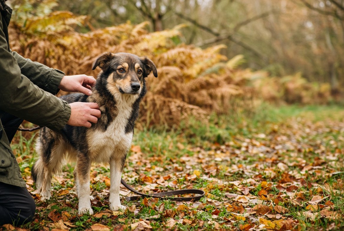 Un chien aux poils tricolores, calme et détendu, sur un chemin forestier en automne, pendant que son maître lui écarte doucement le pelage du cou pour vérifier l'absence de tiques après la promenade.
