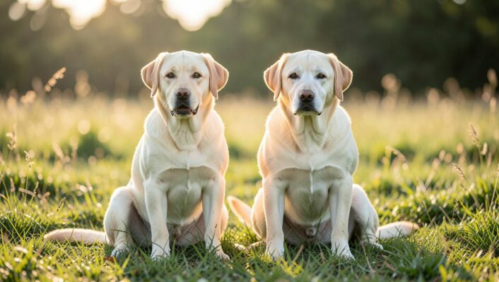 Deux Labradors sable assis côte à côte dans une prairie à la lumière dorée : un jeune chien d'environ un an et un chien âgé au museau grisonnant, tous deux regardant calmement vers l'objectif.
