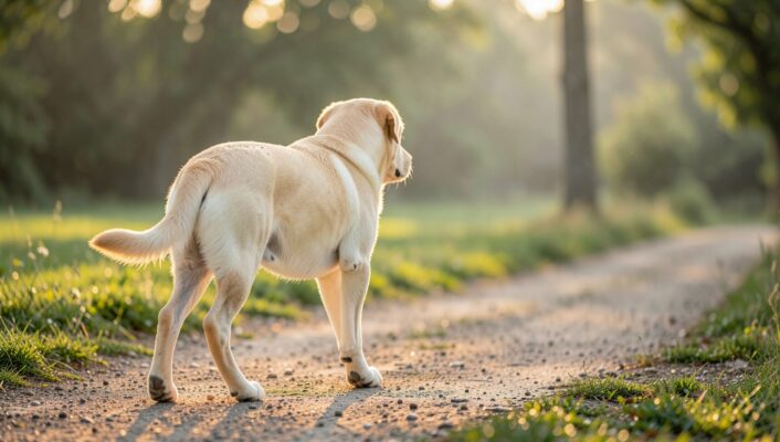 Un Labrador jaune adulte marche calmement sur un chemin de parc au lever du jour, vu de trois quarts arrière, avec ses pattes arrière bien visibles.