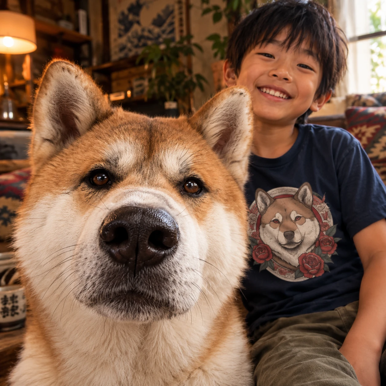 Akita Inu et son jeune humain en t-shirt Tattoo Amour Chien