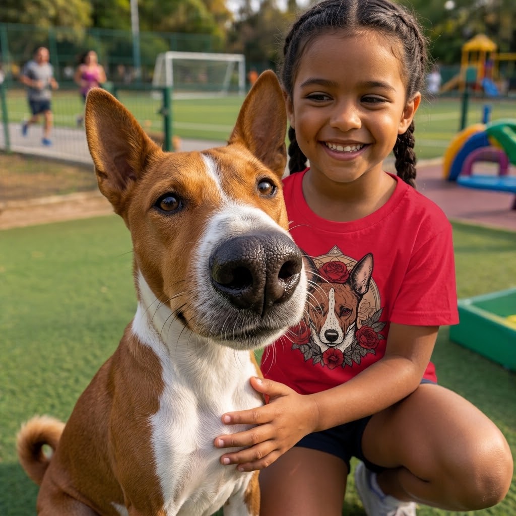 Basenji et sa jeune humaine en t-shirt Tattoo Amour Chien