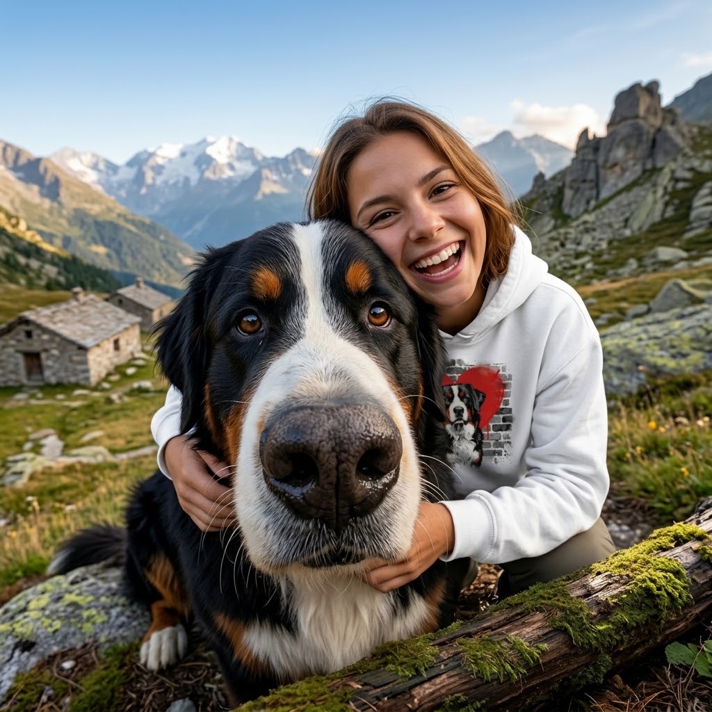 Bouvier Bernois et son humaine en sweat à capuche Street Art Amour Chien
