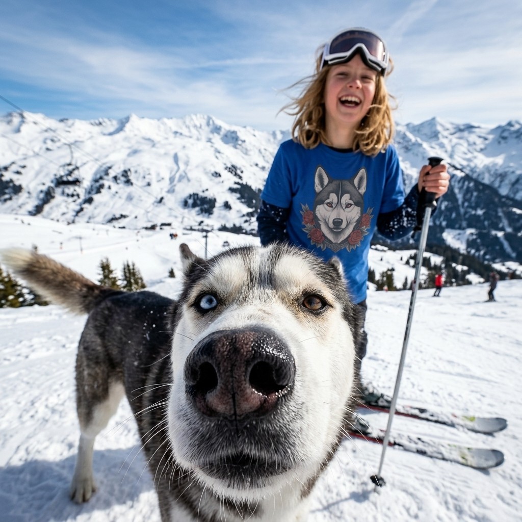 Husky aux yeux vairons sur les pistes de ski, avec un enfant en t-shirt Tattoo Husky Amour Chien