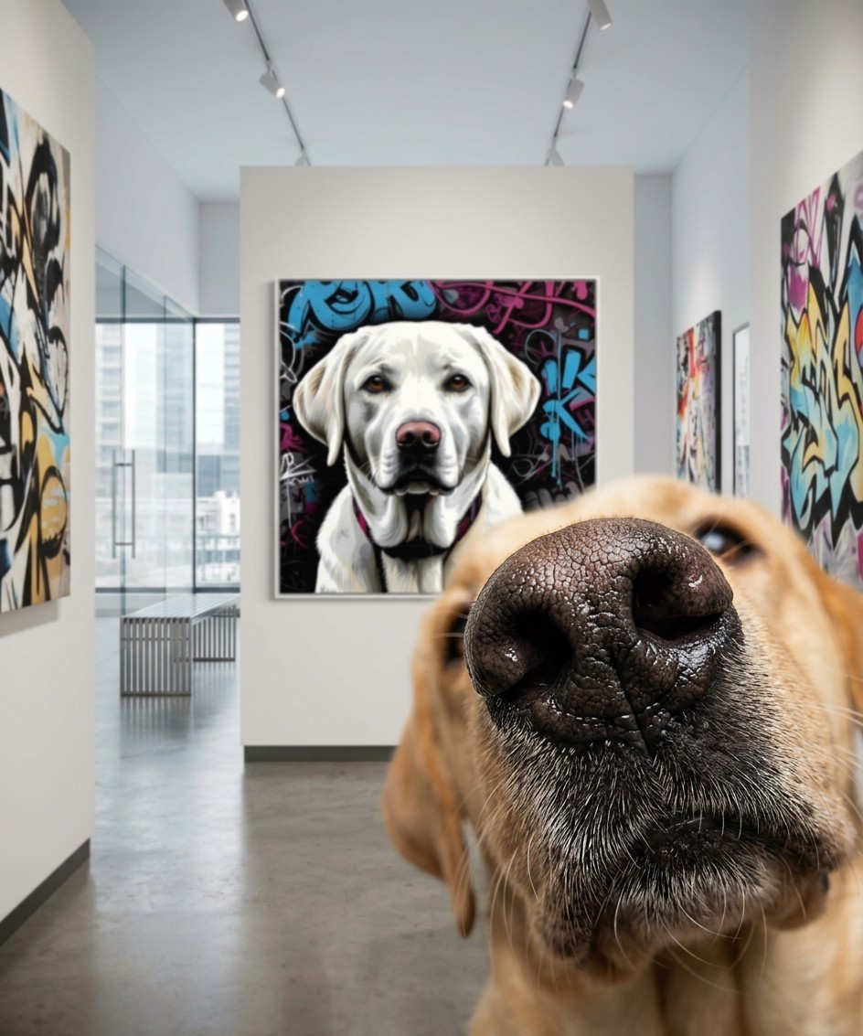 Labrador sable en gros plan dans une galerie d'art, devant la toile Labrador Graffiti Amour Chien