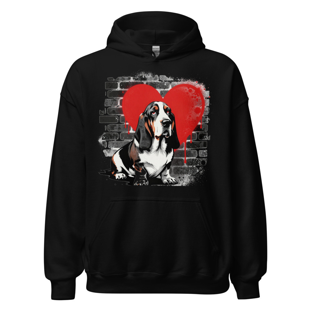 Sweat à capuche Basset Hound – Street Art – noir – AMOUR CHIEN