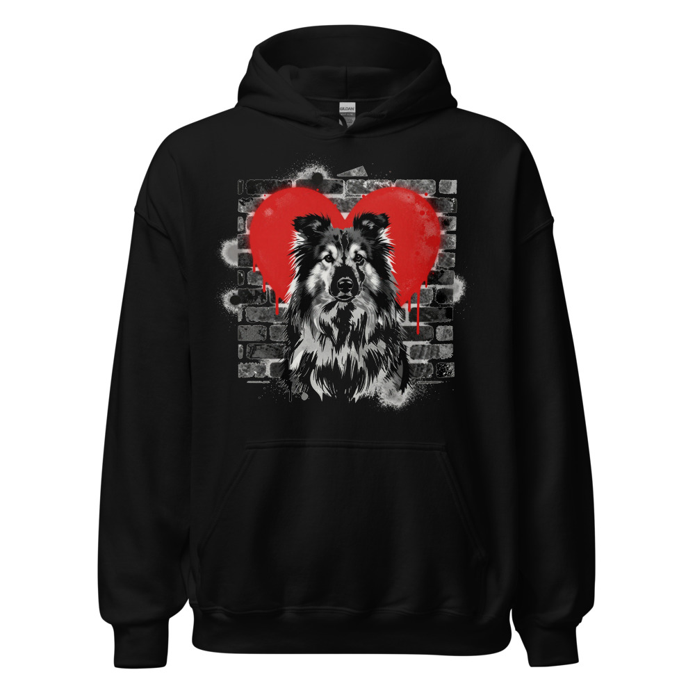 Sweat à capuche Berger des Shetland – Street Art – noir – AMOUR CHIEN