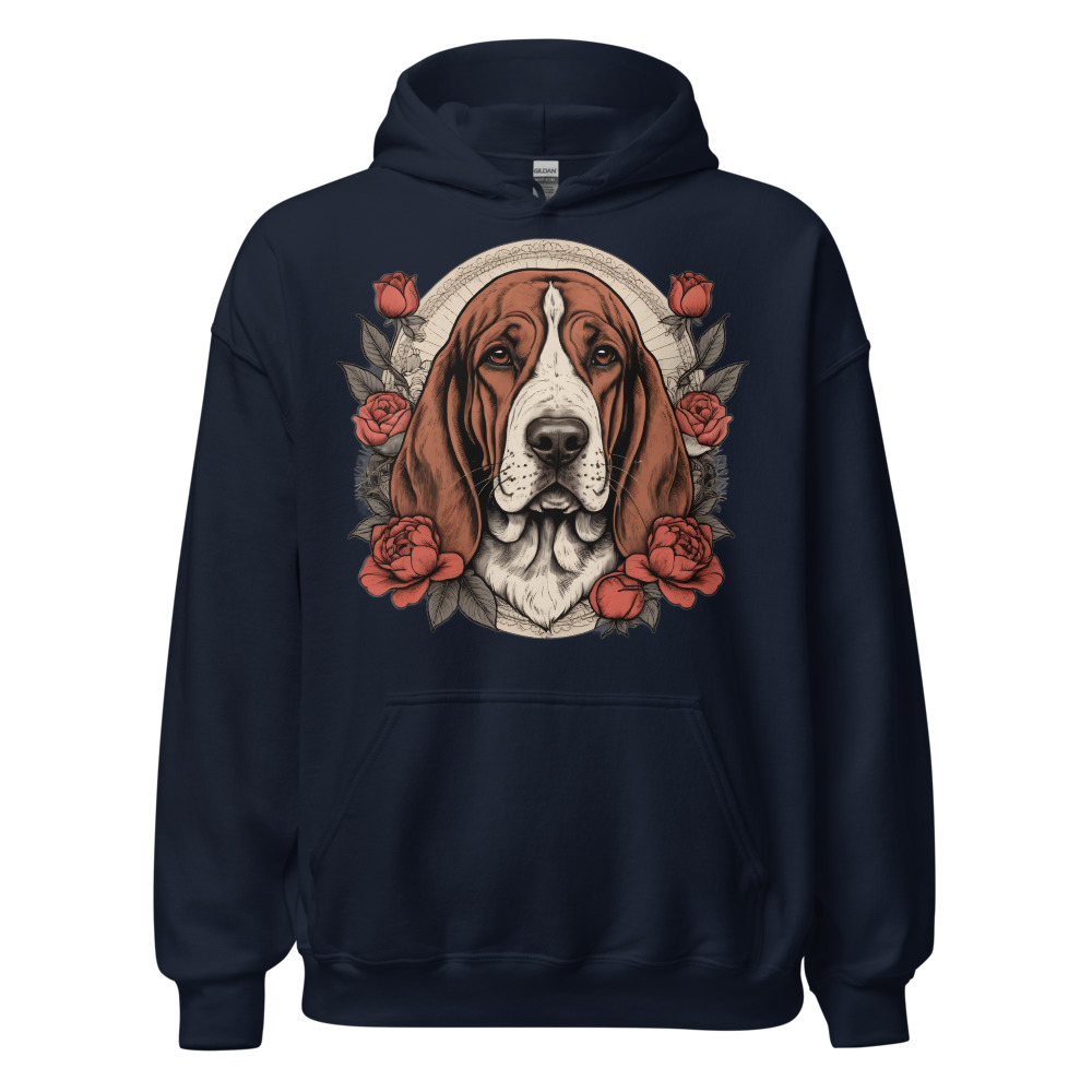 Sweat à capuche Basset – Tattoo – bleu marine – AMOUR CHIEN