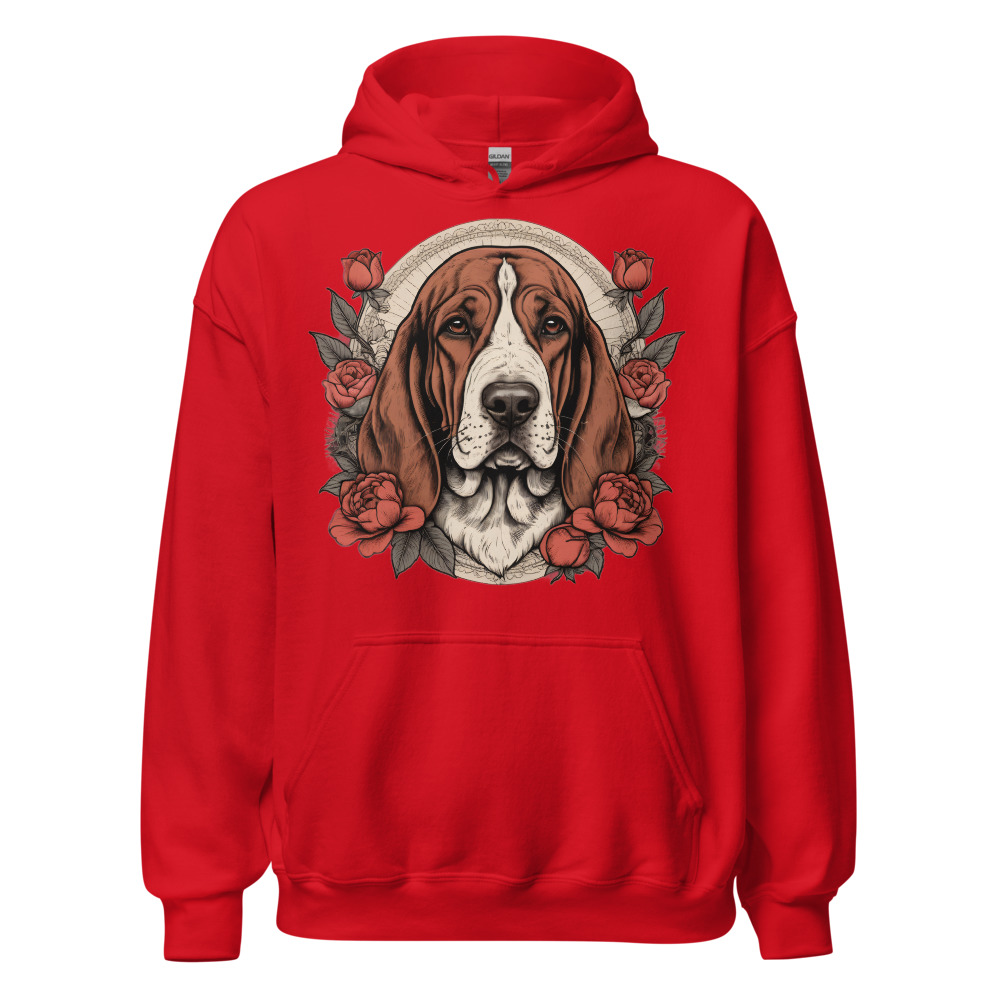 Sweat à capuche Basset – Tattoo – rouge – AMOUR CHIEN