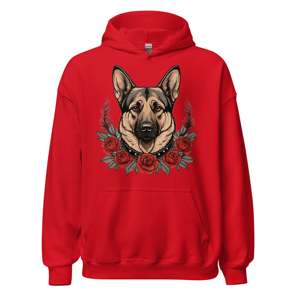 Sweat à capuche Berger Allemand – Tattoo – rouge – AMOUR CHIEN