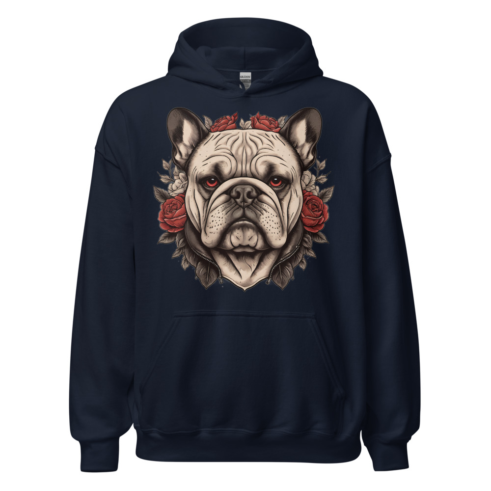 Sweat à capuche Bouledogue – Tattoo – bleu marine – AMOUR CHIEN