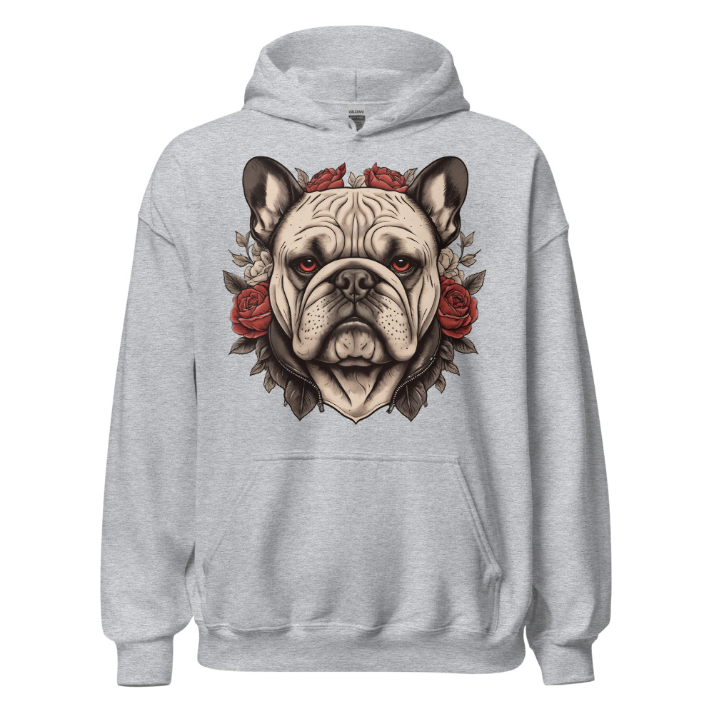 Sweat à capuche Bouledogue – Tattoo – gris sport – AMOUR CHIEN