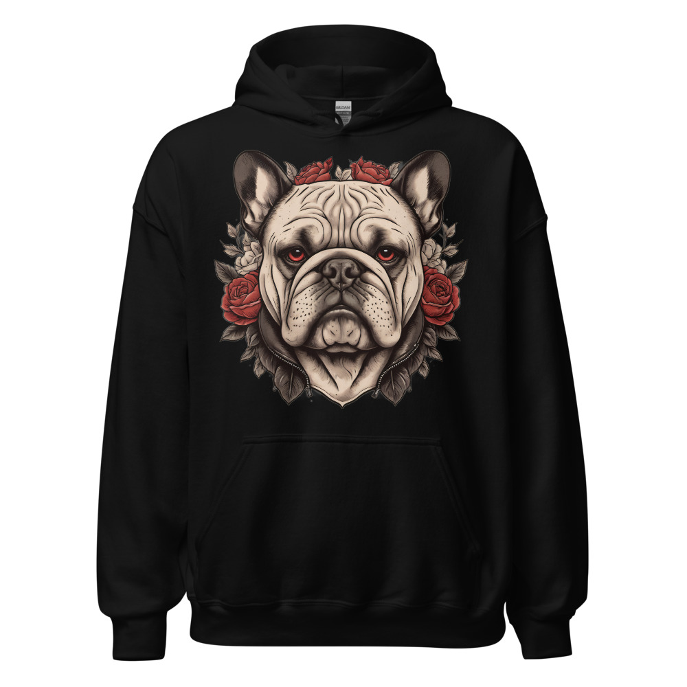 Sweat à capuche Bouledogue – Tattoo – noir – AMOUR CHIEN
