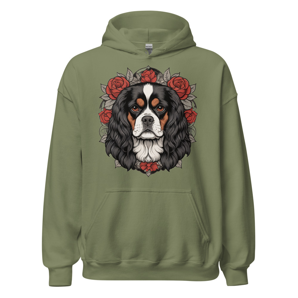Sweat à capuche Cavalier King Charles – Tattoo – vert militaire – AMOUR CHIEN