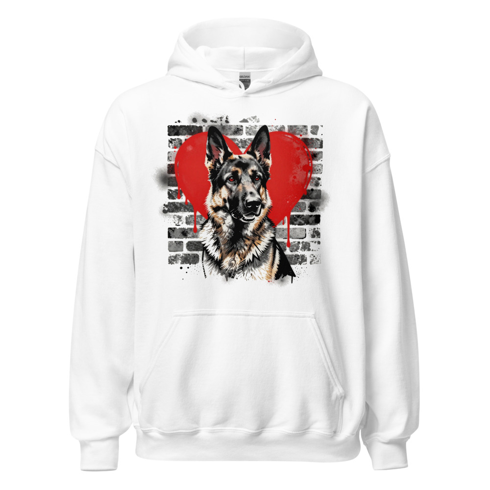 Sweat à capuche Berger Allemand – Street Art – blanc – AMOUR CHIEN